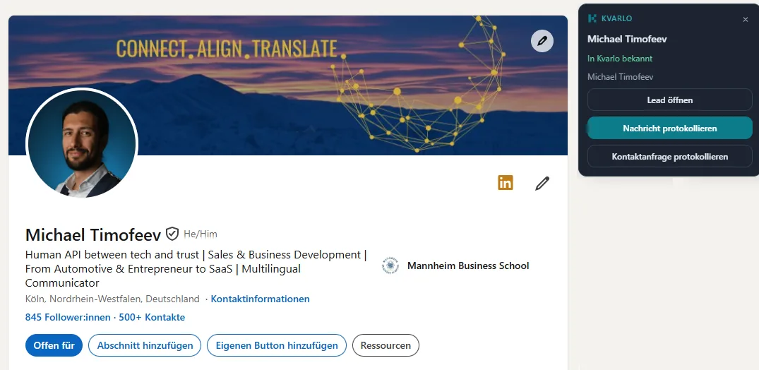 Kvarlo Chrome extension on a LinkedIn profile: open lead, log message, log connection request